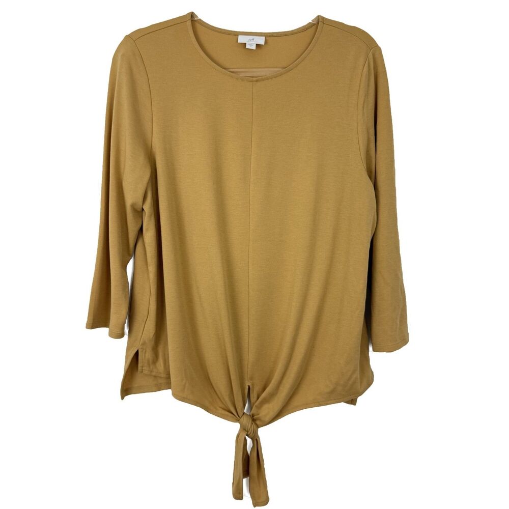 J.JILL 3/4 Sleeve Tie-Front Top L Light Mustard Yellow Relaxed Fit Knit EUC B59